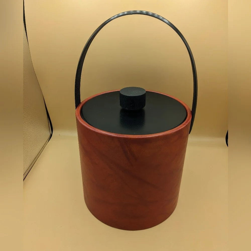 Irvinware Vintage Faux Leather Vinyl Blood Orange Ice Bucket w/ Black Lid Handle